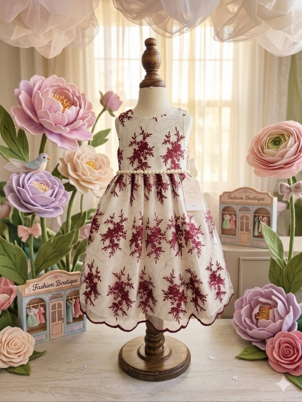 American Princess Elegant White and Burgundy Floral Dress; Size 5 & 6, NWT